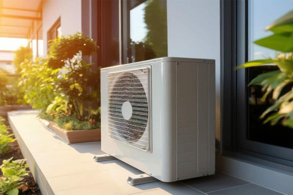 The air source heat pump placed outdoor on the floor for improving your homes heating